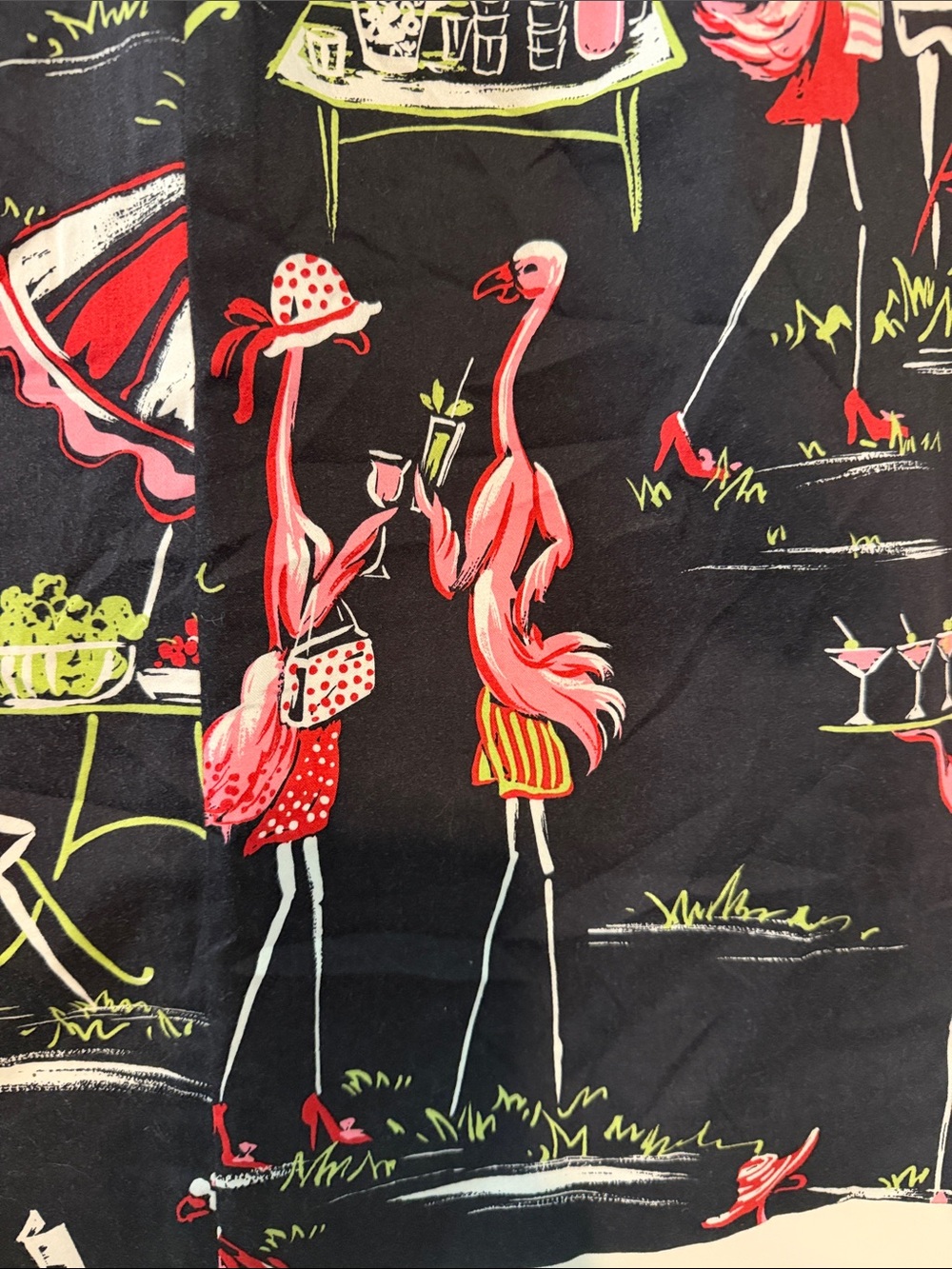 Vintage 90s Novelty Flamingo BBQ Cookout A-Line Skirt - Black with Pink Print - Picture 7 of 13